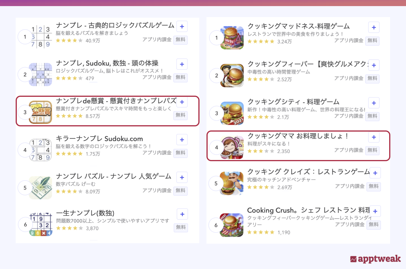 【App Store】日本での「数独」と「クッキング」のライブ検索結果